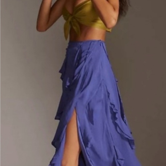 NWT Anthropologie size 2 A-line ruffle slit midi skirt in blue - Picture 2 of 9